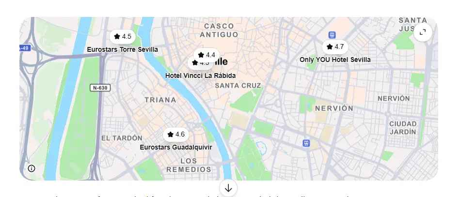 Mapa de ubicación de los hoteles de la opción 1