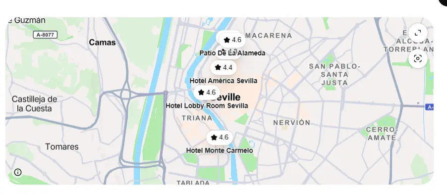 Mapa de ubicación de los hoteles de la opción 2